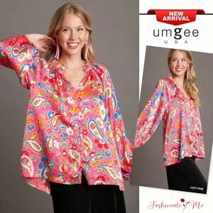 Umgee Satin Paisley Print Ruffle Neck Detail Buttoned Long Sleeves Blouse | Pink